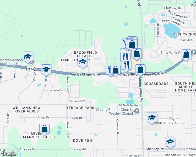 map of restaurants, bars, coffee shops, grocery stores, and more near 4101 Mowrey Road in Zephyrhills