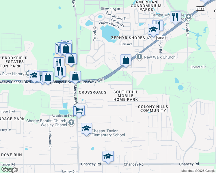 map of restaurants, bars, coffee shops, grocery stores, and more near 34740 Buck Road in Zephyrhills