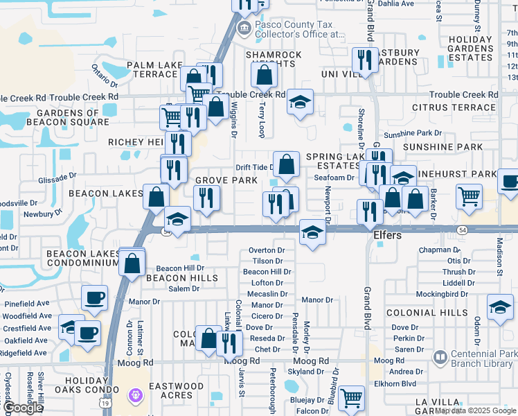 map of restaurants, bars, coffee shops, grocery stores, and more near 5023 Queen Palm Drive in Port Richey