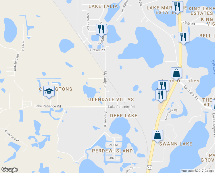 map of restaurants, bars, coffee shops, grocery stores, and more near 4201 My Lady Lane in Land O' Lakes