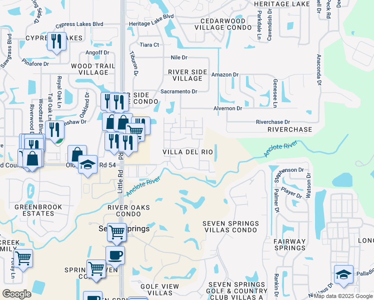 map of restaurants, bars, coffee shops, grocery stores, and more near 9320 Santa Monica Way in New Port Richey
