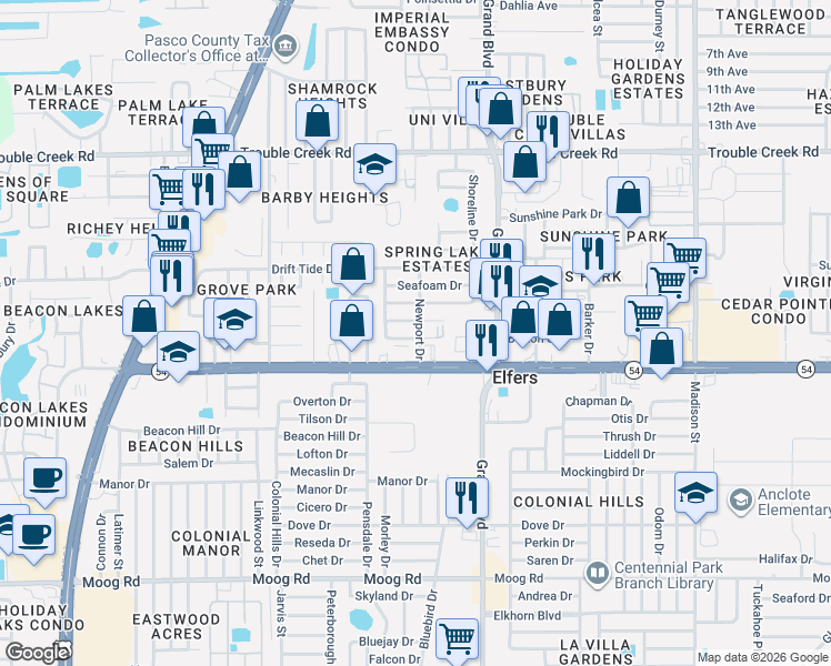 map of restaurants, bars, coffee shops, grocery stores, and more near 5311 Devries Drive in New Port Richey