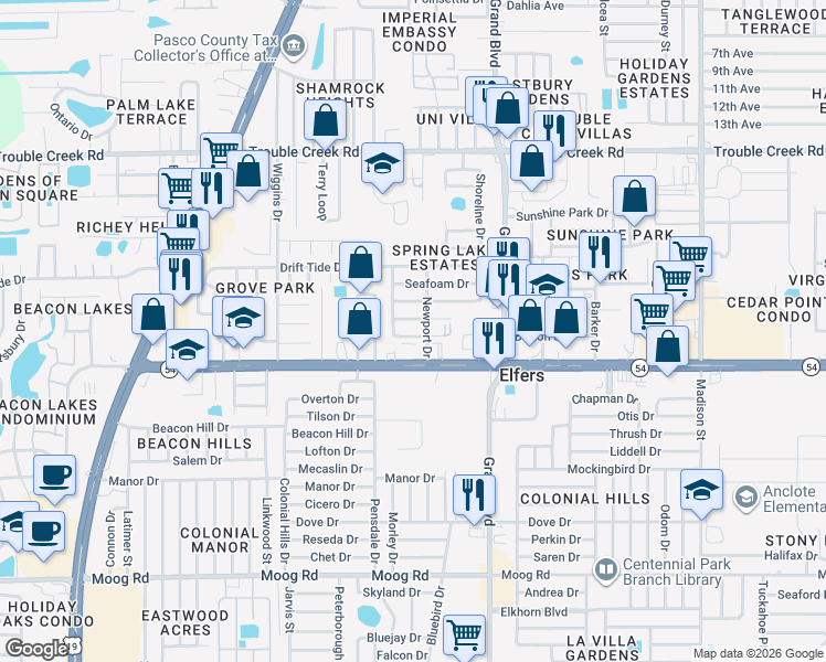 map of restaurants, bars, coffee shops, grocery stores, and more near 5311 Devries Drive in New Port Richey
