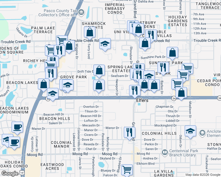 map of restaurants, bars, coffee shops, grocery stores, and more near 5253 Devries Drive in New Port Richey