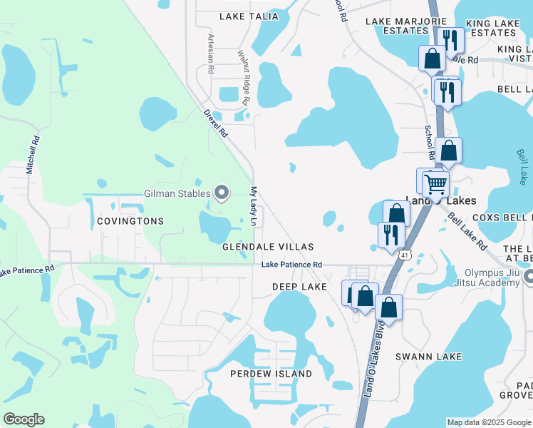 map of restaurants, bars, coffee shops, grocery stores, and more near 4201 My Lady Lane in Land O' Lakes