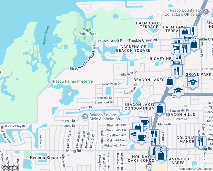 map of restaurants, bars, coffee shops, grocery stores, and more near 4118 Woodsville Drive in New Port Richey