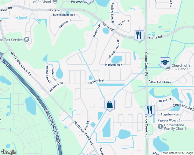 map of restaurants, bars, coffee shops, grocery stores, and more near 4214 Lavender Way in St. Cloud