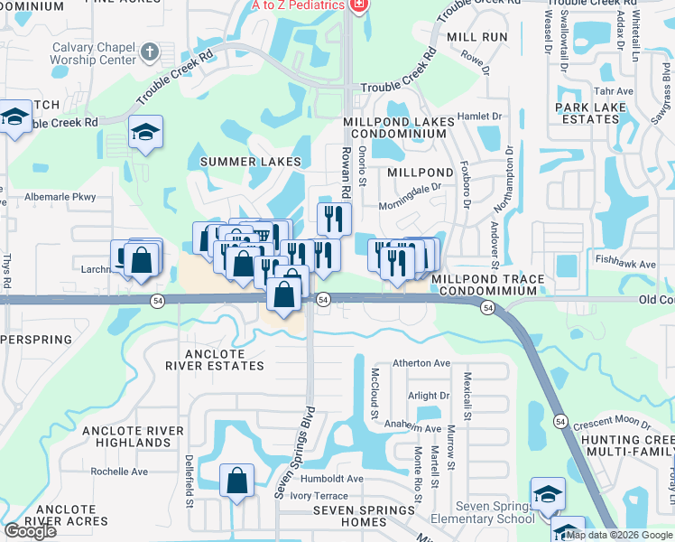 map of restaurants, bars, coffee shops, grocery stores, and more near 7431 Highway 54 in New Port Richey