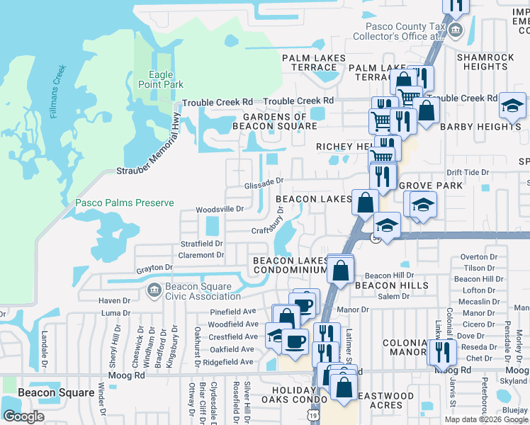 map of restaurants, bars, coffee shops, grocery stores, and more near 4325 Newbury Dr in New Port Richey