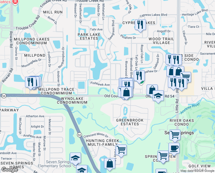 map of restaurants, bars, coffee shops, grocery stores, and more near 8318 Fishhawk Avenue in New Port Richey