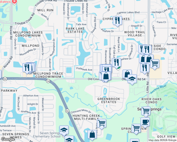 map of restaurants, bars, coffee shops, grocery stores, and more near 8318 Fishhawk Avenue in New Port Richey
