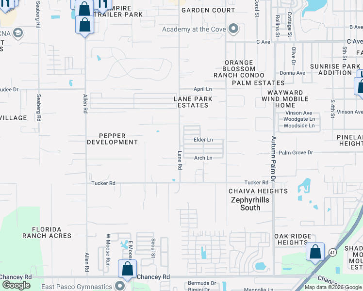 map of restaurants, bars, coffee shops, grocery stores, and more near 4203 Lane Road in Zephyrhills