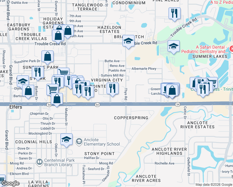 map of restaurants, bars, coffee shops, grocery stores, and more near 4043 Pecos Drive in New Port Richey
