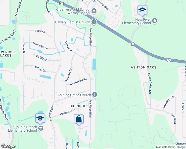 map of restaurants, bars, coffee shops, grocery stores, and more near 4148 Fox Ridge Boulevard in Zephyrhills