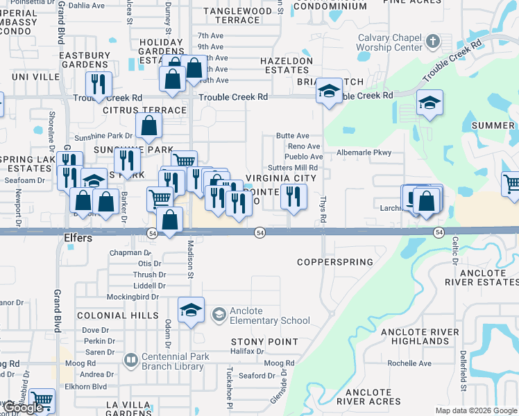 map of restaurants, bars, coffee shops, grocery stores, and more near 4041 Las Vegas Drive in New Port Richey
