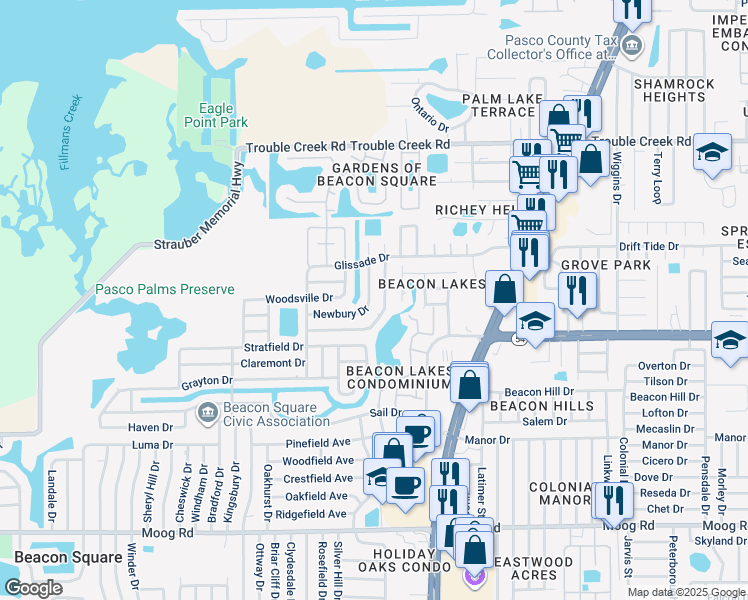 map of restaurants, bars, coffee shops, grocery stores, and more near 4354 Craftsbury Drive in Port Richey