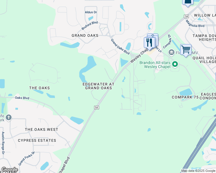map of restaurants, bars, coffee shops, grocery stores, and more near 4153 Winding River Way in Pasco County