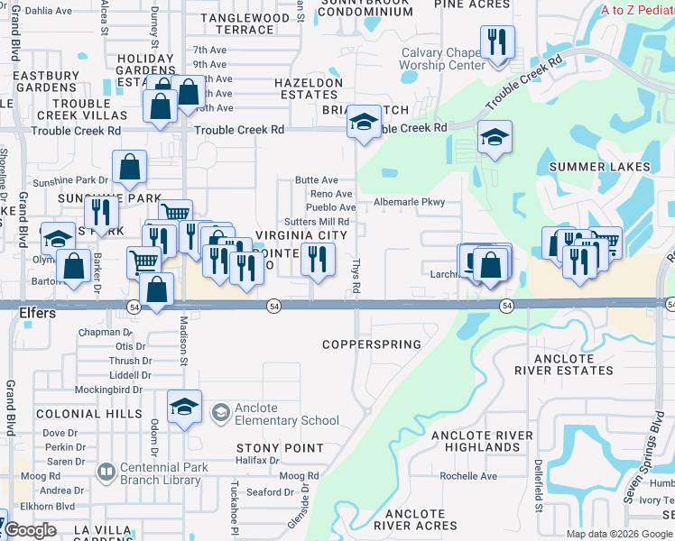 map of restaurants, bars, coffee shops, grocery stores, and more near 4043 Pecos Drive in New Port Richey