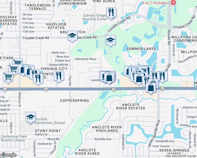 map of restaurants, bars, coffee shops, grocery stores, and more near 6742 Larchmont Avenue in New Port Richey