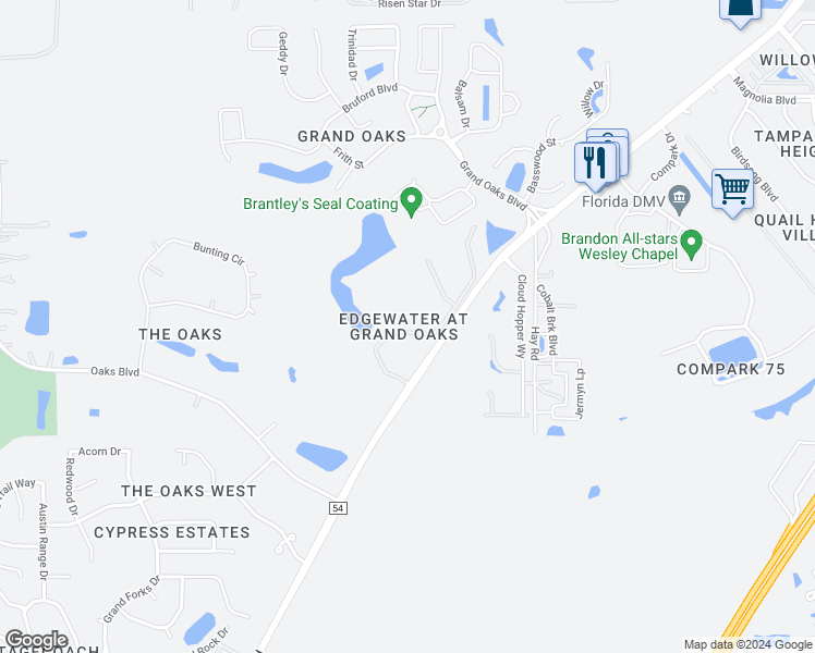 map of restaurants, bars, coffee shops, grocery stores, and more near 4315 Winding River Way in Pasco County