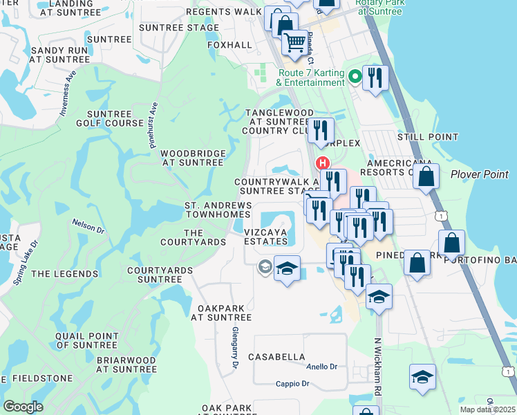 map of restaurants, bars, coffee shops, grocery stores, and more near 363 Lake Victoria Circle in Melbourne