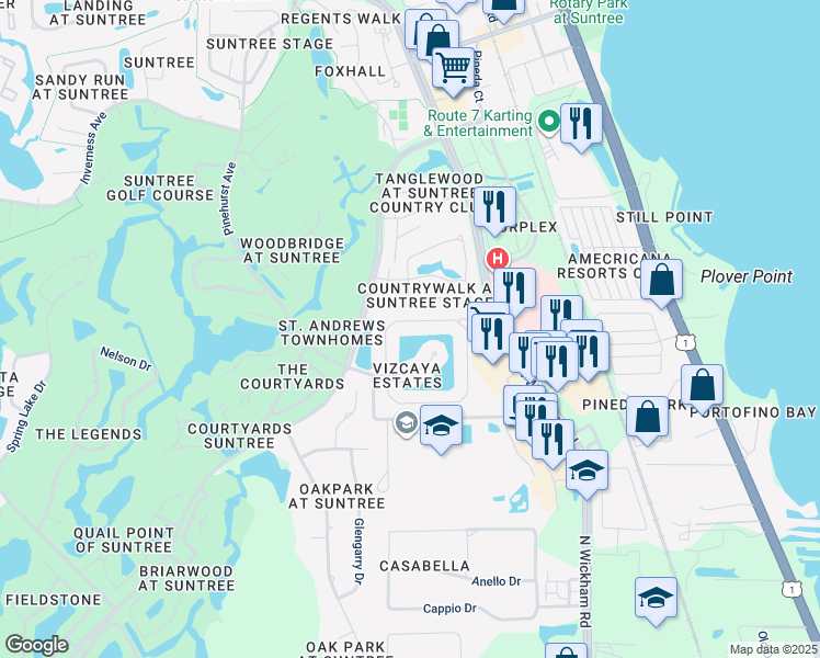 map of restaurants, bars, coffee shops, grocery stores, and more near 363 Lake Victoria Circle in Melbourne