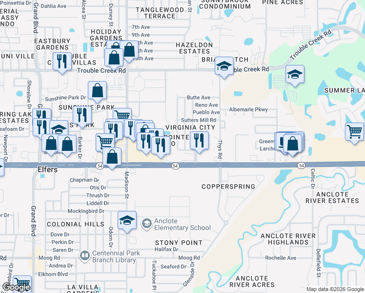 map of restaurants, bars, coffee shops, grocery stores, and more near 4049 Mesa Drive in New Port Richey