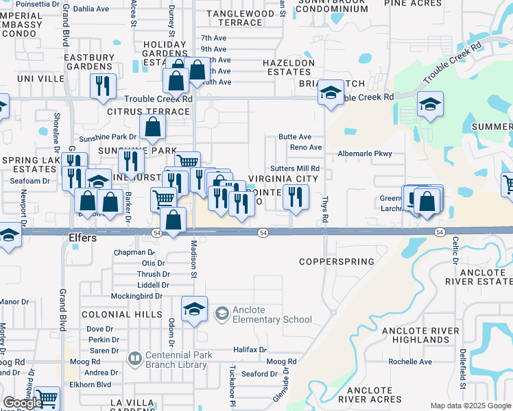 map of restaurants, bars, coffee shops, grocery stores, and more near 6177 Chesham Drive in New Port Richey