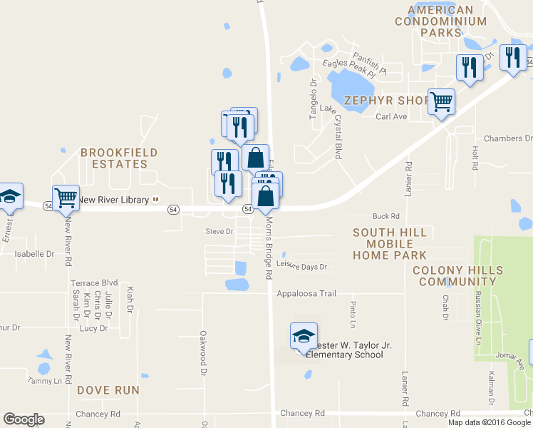 map of restaurants, bars, coffee shops, grocery stores, and more near 4299 Morris Bridge Road in Wesley Chapel