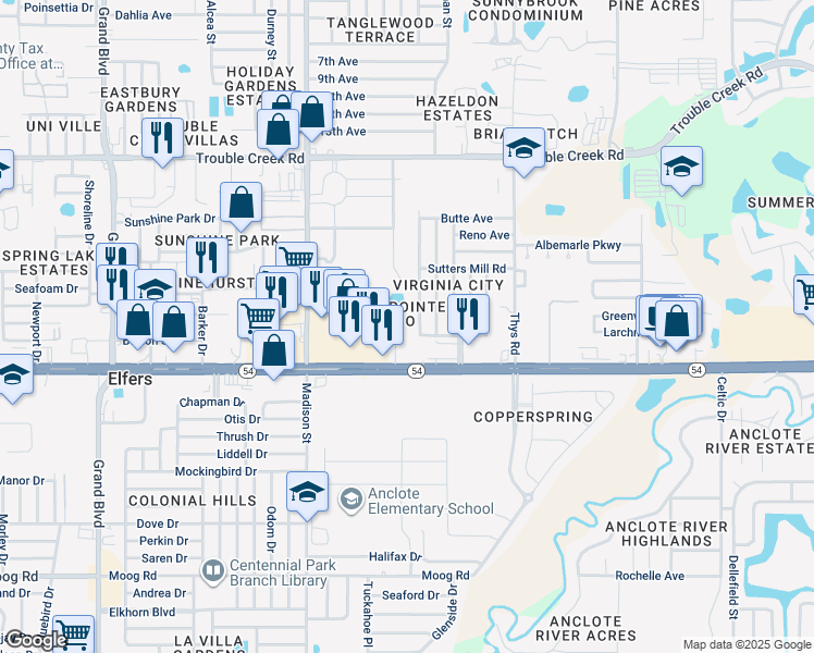 map of restaurants, bars, coffee shops, grocery stores, and more near 6189 Chesham Drive in New Port Richey