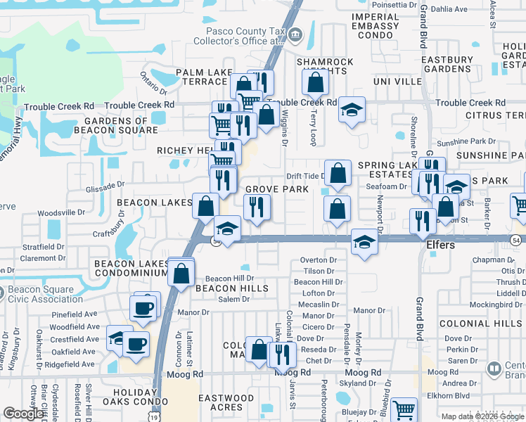 map of restaurants, bars, coffee shops, grocery stores, and more near 4018 Citrus Drive in New Port Richey
