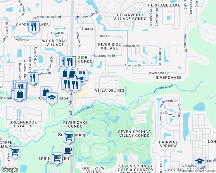 map of restaurants, bars, coffee shops, grocery stores, and more near 9320 Santa Monica Way in New Port Richey