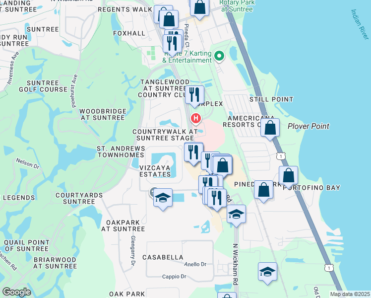 map of restaurants, bars, coffee shops, grocery stores, and more near 6540 North Wickham Road in Melbourne