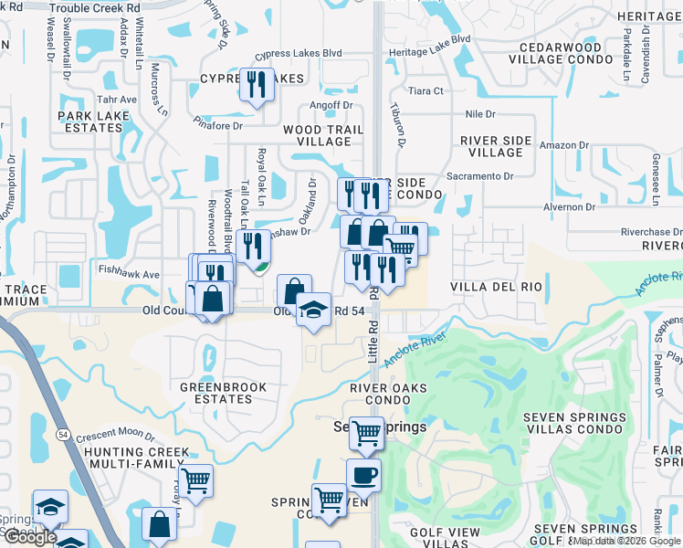 map of restaurants, bars, coffee shops, grocery stores, and more near 4113 Passport Lane in New Port Richey