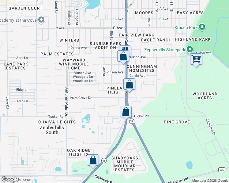 map of restaurants, bars, coffee shops, grocery stores, and more near 38341 Palm Grove Drive in Zephyrhills