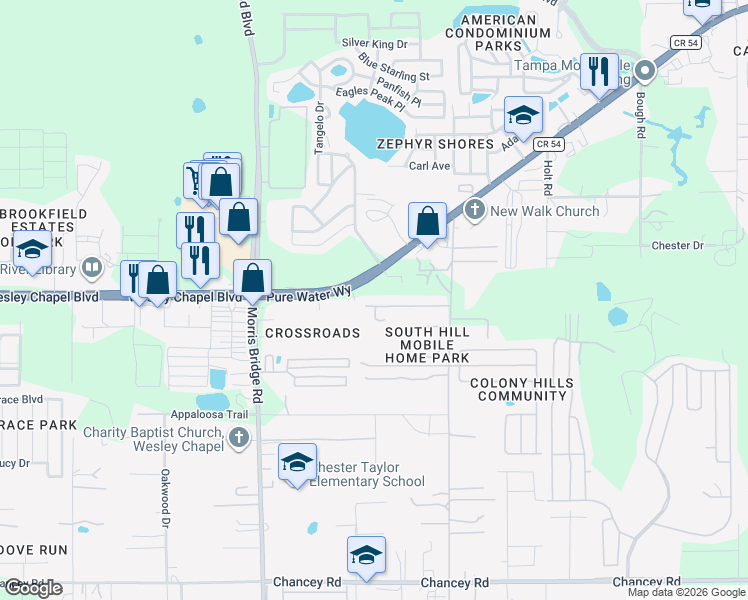 map of restaurants, bars, coffee shops, grocery stores, and more near 34740 Buck Road in Zephyrhills