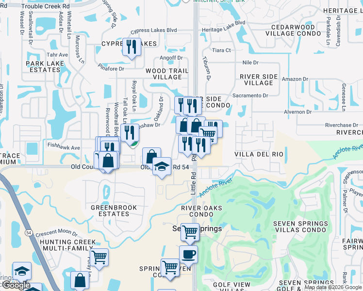 map of restaurants, bars, coffee shops, grocery stores, and more near 4041 Passport Lane in New Port Richey