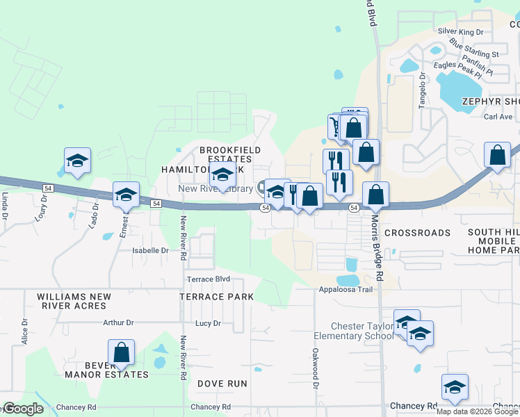 map of restaurants, bars, coffee shops, grocery stores, and more near 4101 Mowrey Road in Wesley Chapel