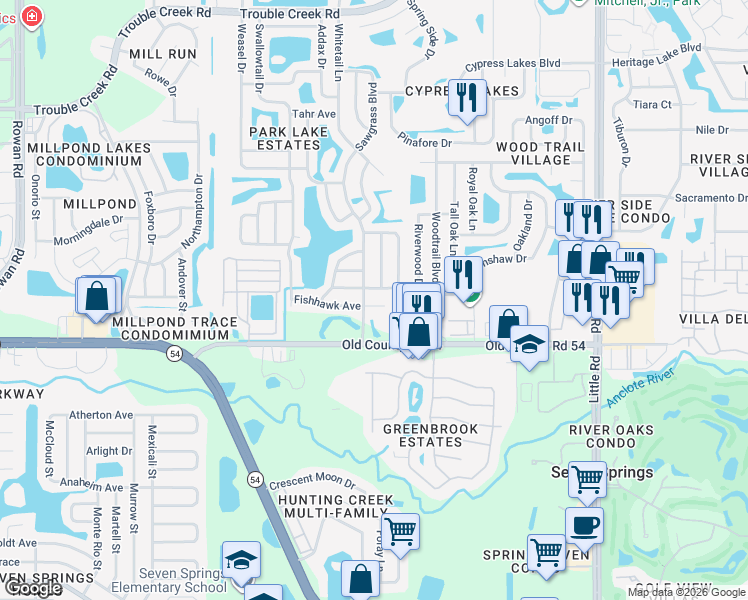 map of restaurants, bars, coffee shops, grocery stores, and more near 8410 Fishhawk Avenue in New Port Richey