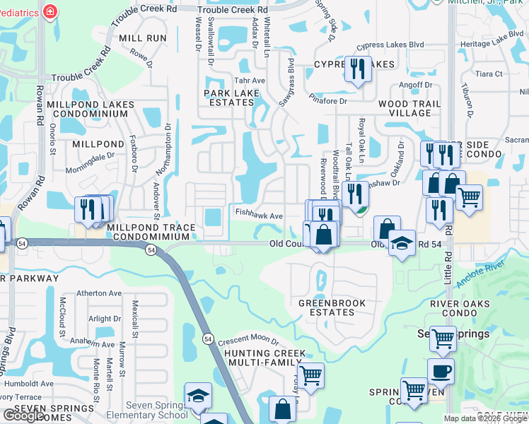 map of restaurants, bars, coffee shops, grocery stores, and more near 8318 Fishhawk Avenue in New Port Richey