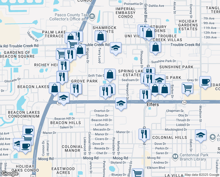 map of restaurants, bars, coffee shops, grocery stores, and more near 4102 Highland Loop in New Port Richey