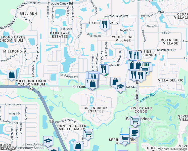 map of restaurants, bars, coffee shops, grocery stores, and more near 8501 Old County Road 54 in New Port Richey