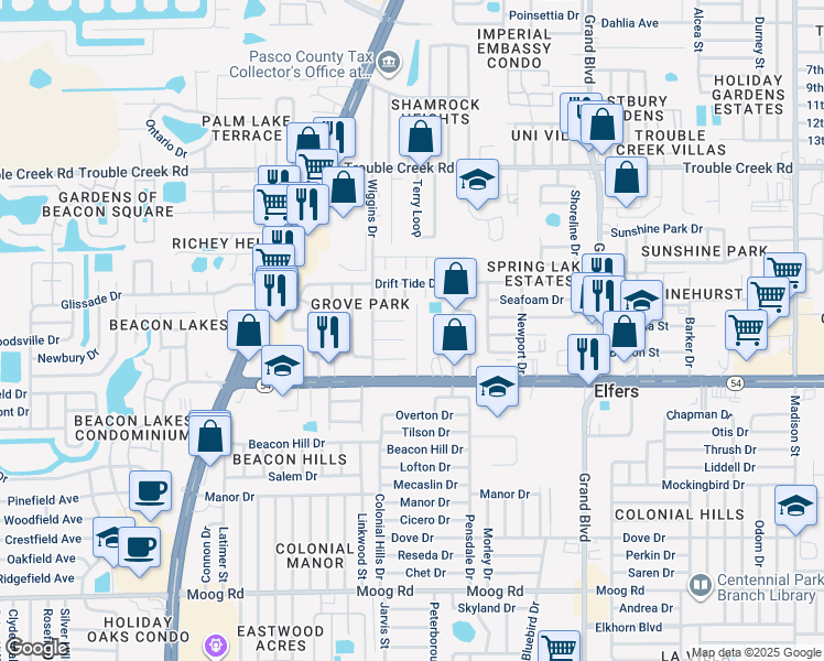 map of restaurants, bars, coffee shops, grocery stores, and more near 4107 Pecan Drive in New Port Richey