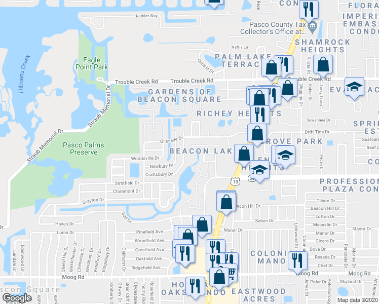 map of restaurants, bars, coffee shops, grocery stores, and more near 4117 Schooner Lane in New Port Richey