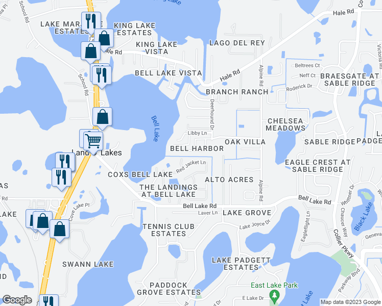 map of restaurants, bars, coffee shops, grocery stores, and more near 22136 Bell Harbor Drive in Land O' Lakes