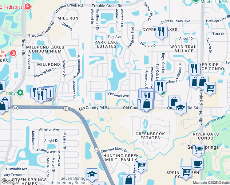 map of restaurants, bars, coffee shops, grocery stores, and more near 8233 Fishhawk Avenue in New Port Richey