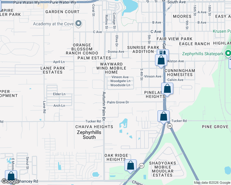 map of restaurants, bars, coffee shops, grocery stores, and more near 38112 Woodside Lane in Zephyrhills
