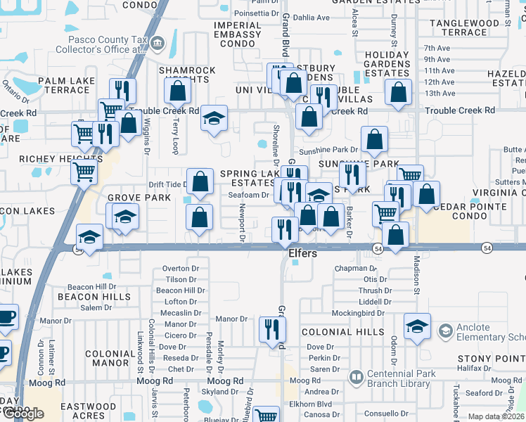 map of restaurants, bars, coffee shops, grocery stores, and more near 5416 Reef Drive in New Port Richey