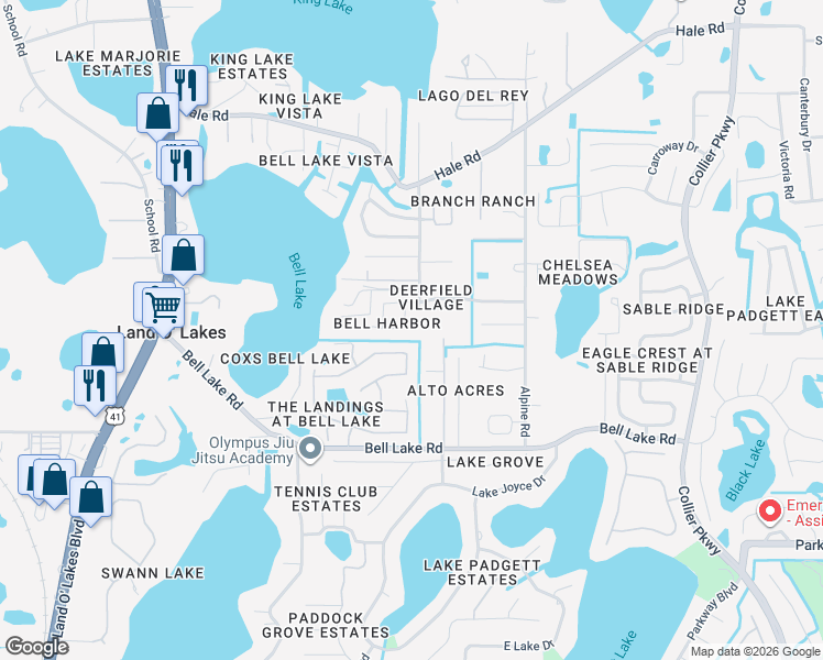 map of restaurants, bars, coffee shops, grocery stores, and more near 22228 Bell Harbor Drive in Land O' Lakes