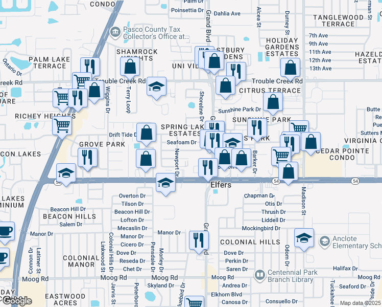 map of restaurants, bars, coffee shops, grocery stores, and more near 5403 Reef Drive in New Port Richey